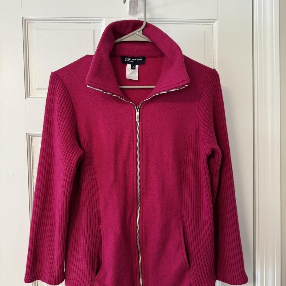 Jones New York Signature Pink Wool Blend Zip Up Ribbed Knit Jacket Womens Medium - Picture 5 of 7